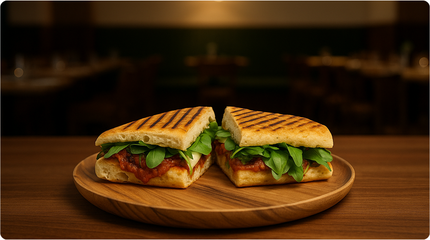 Delicious sandwich served on a wooden plate in a restaurant setting