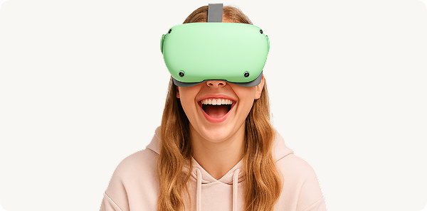 Smiling person wearing a green VR headset