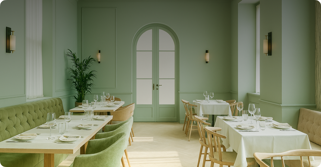 Sage-green modern restaurant interior with arched doorway and table settings